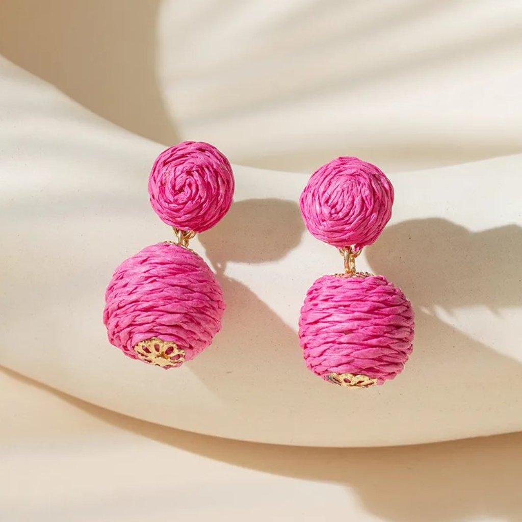 Berry Pink Gold Raffia Rattan Tropical Boho Lantern Dangle Earrings New 17$